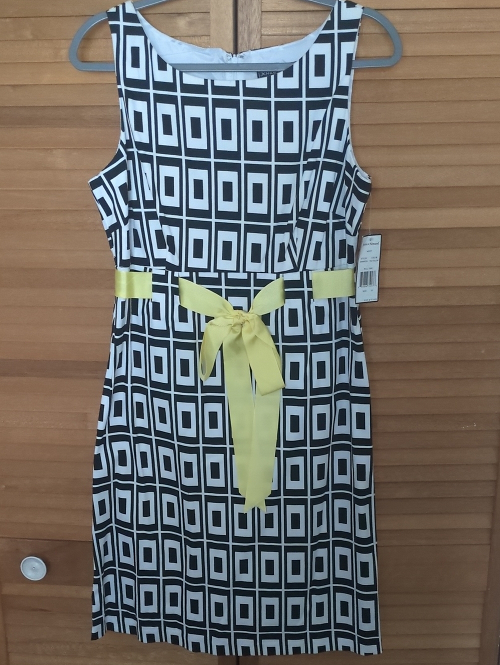 Jessica Howard Black & White Geometric Dress with Yellow Tie Waist